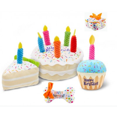 Happy Birthday Party Pet Cake Dog Toy with Candles Velvet  Dog Birthday Cake Bone